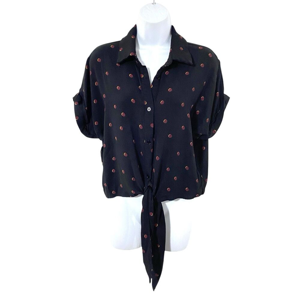 By Together Gauze Boxy button up front tie BLACK Red Dots top shirt RAYON
